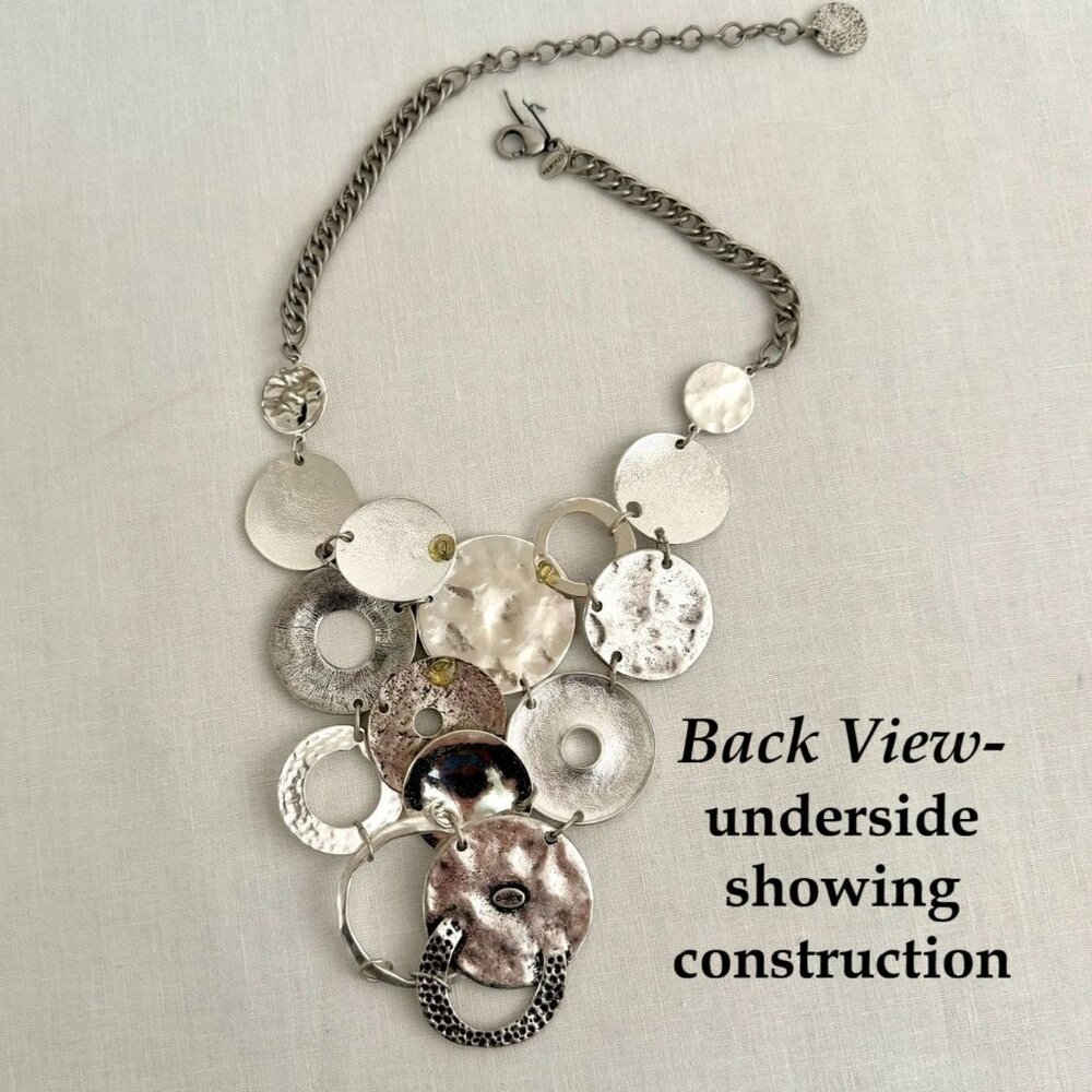 Chicos Hammered Disc Bib Necklace 17 to 20in Silver Tone Statement Chain - Picture 11 of 15